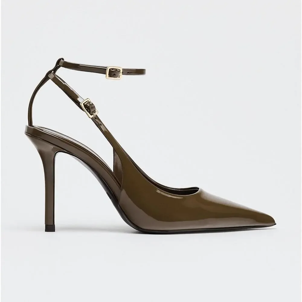 Zara Khaki Patent Slingback Stiletto Heels Pointed Toe NWT - Picture 16 of 16